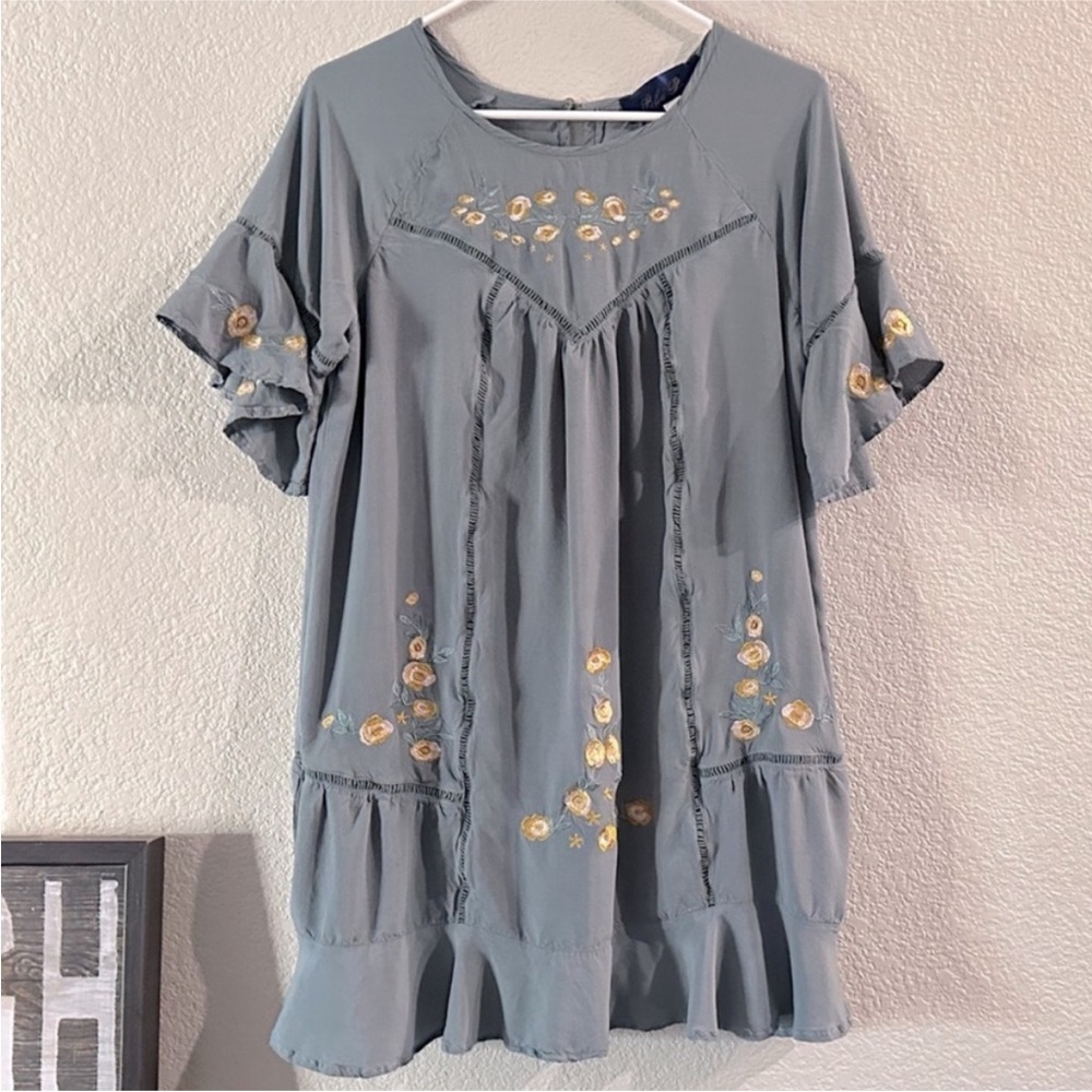 Blue Rain Dusty Blue & Yellow Embroidered Ruffle Mini Dress Size Medium - Picture 2 of 14